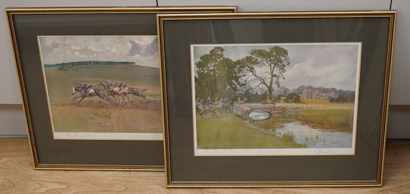 After Lionel Dalhousie Edwards (1878-1966), comprising 'Exercising on the Newmarket Downs’ and ‘The Berkeley Hunt’, each signed in pencil, labels verso, pair of coloured racing prints, 26 x 36cm